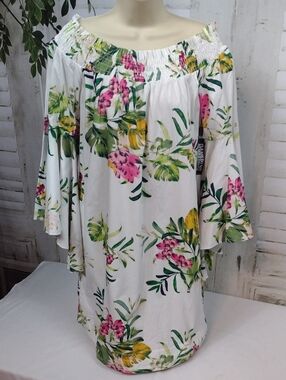 New York & Company White Floral Smocked Dress Bell Sleeves Size M